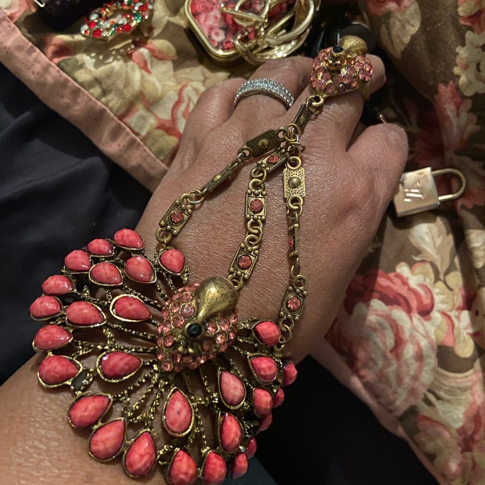 Elegant Pink and Gold peacock ring bracelet Statement Bracelet